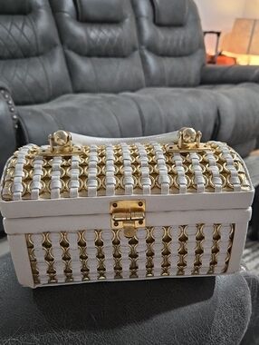Vintage Rectangle Hand Bag White Leather Straps Woven Into Gold Rings, 8"×4"×4"